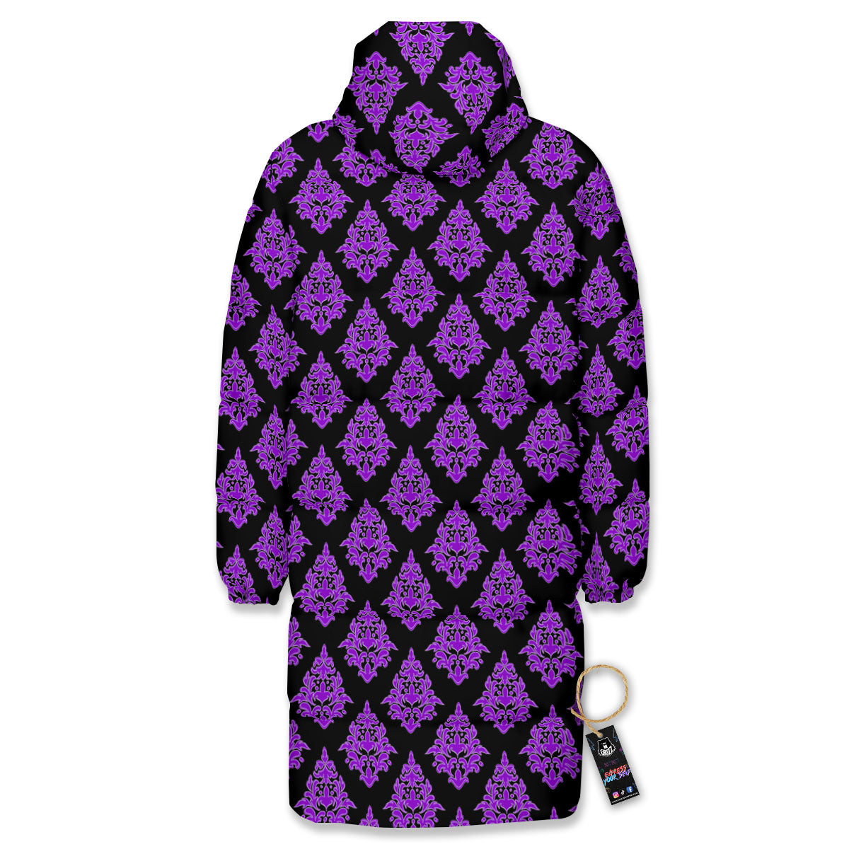 Damask Purple And Black Print Pattern Long Down Jacket