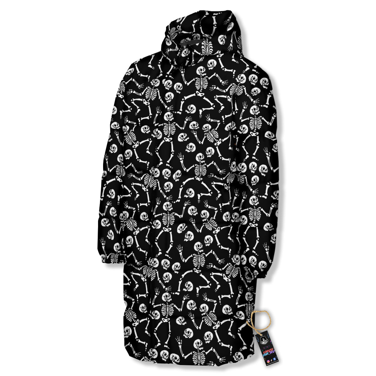 Dancing Party Skeleton Print Pattern Long Down Jacket-grizzshop