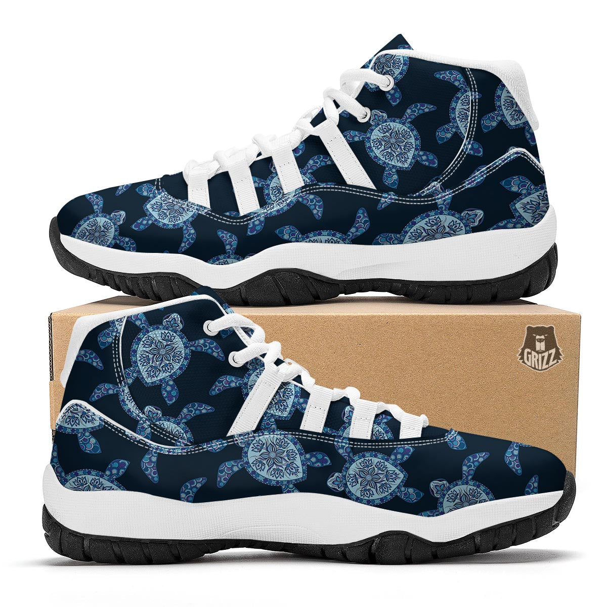 Dark Blue Aztec Print White Bball Shoes-grizzshop