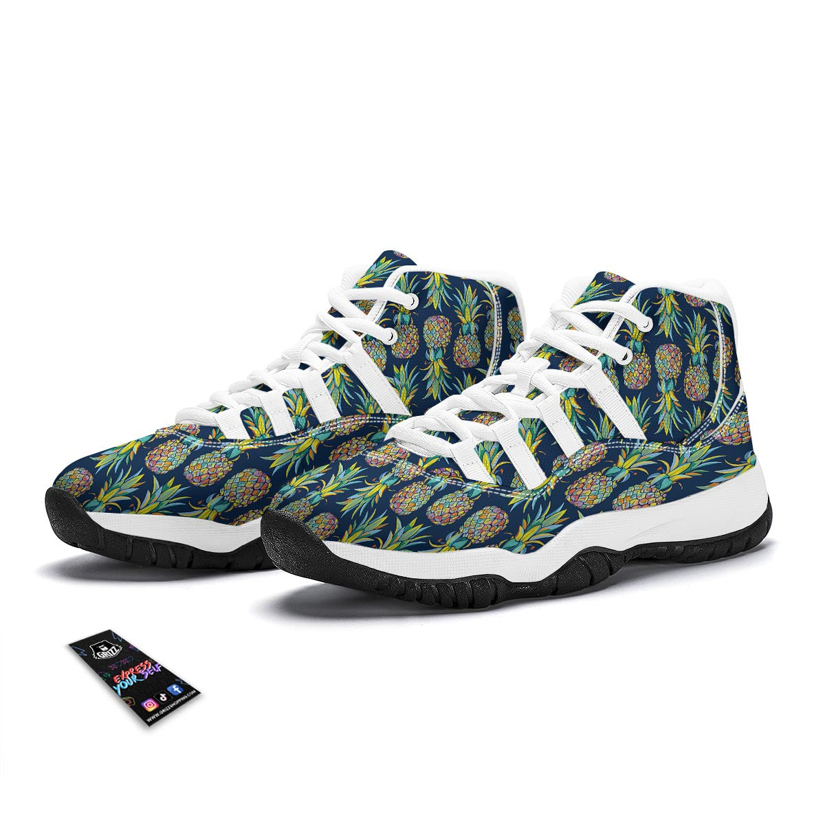 Dark Blue Pineapple Print White Bball Shoes-grizzshop