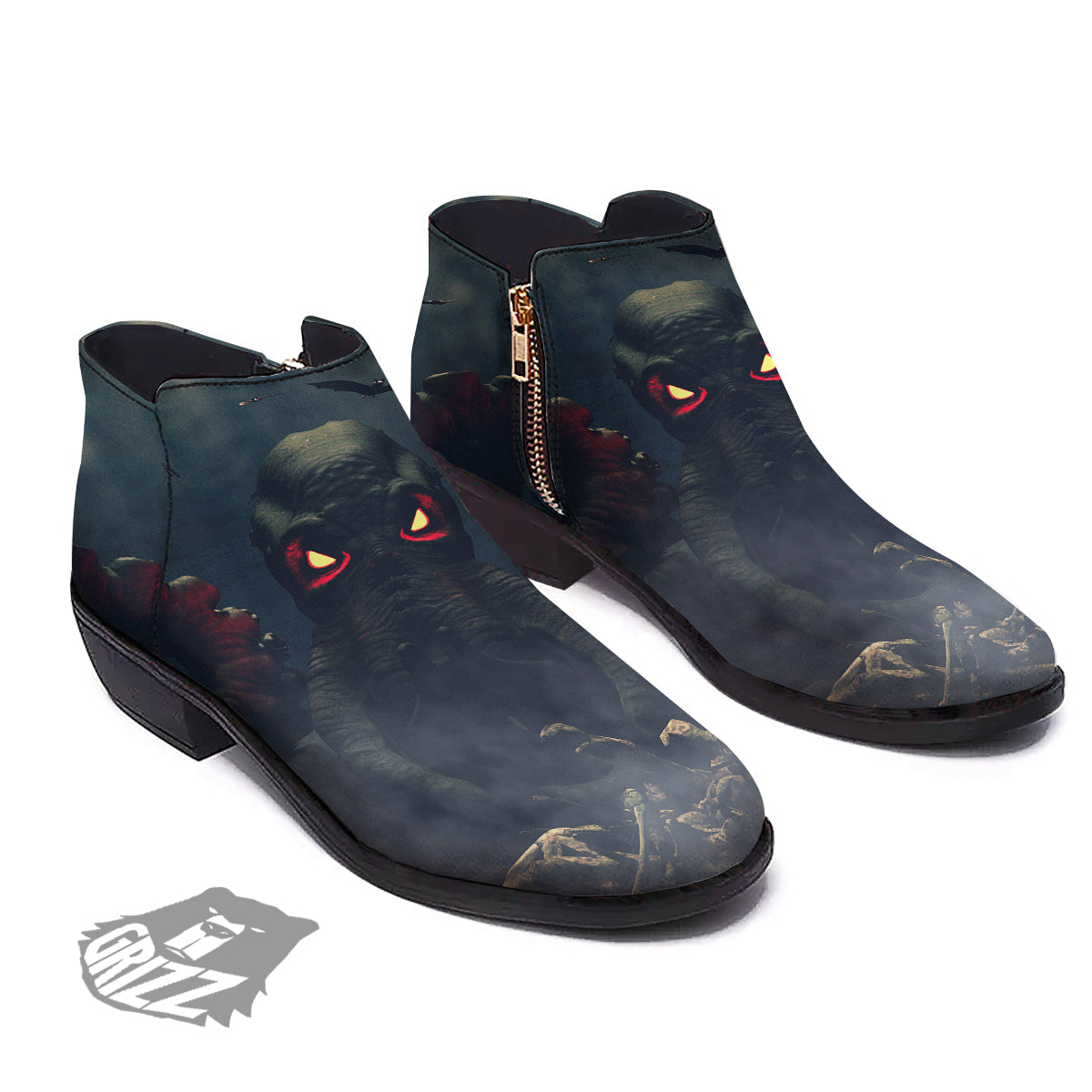 Dark Cthulhu Octopus And Bones Print Ankle Boots-grizzshop