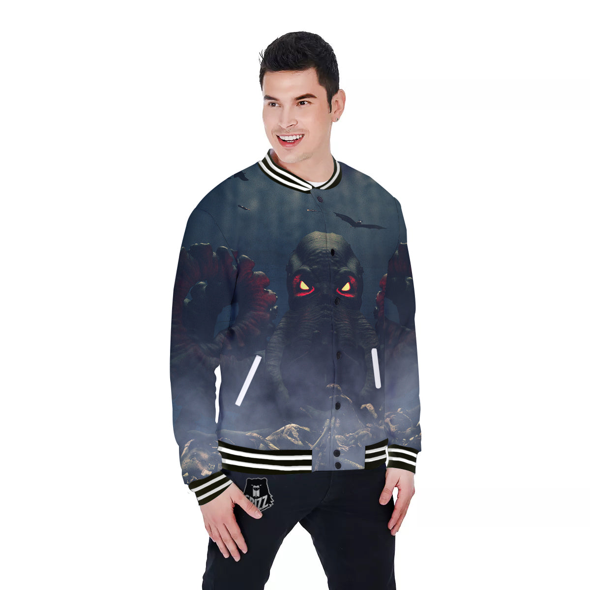 Dark Cthulhu Octopus And Bones Print Baseball Jacket-grizzshop
