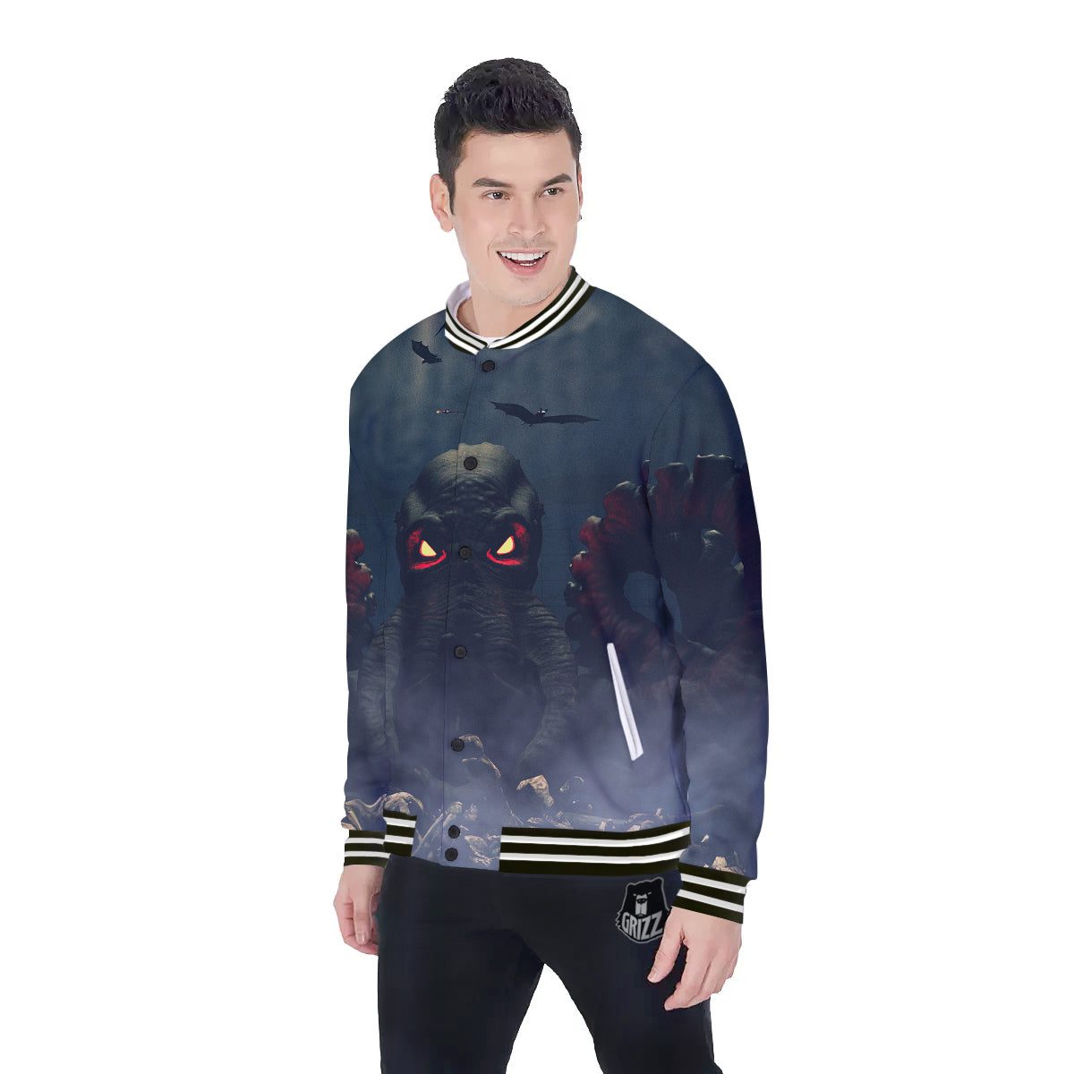 Dark Cthulhu Octopus And Bones Print Baseball Jacket-grizzshop