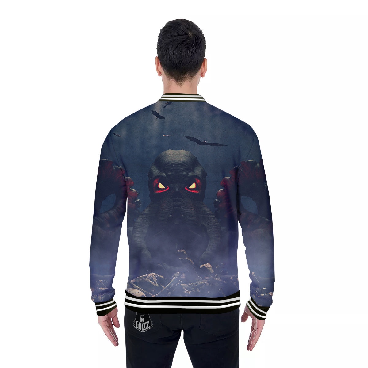 Dark Cthulhu Octopus And Bones Print Baseball Jacket-grizzshop