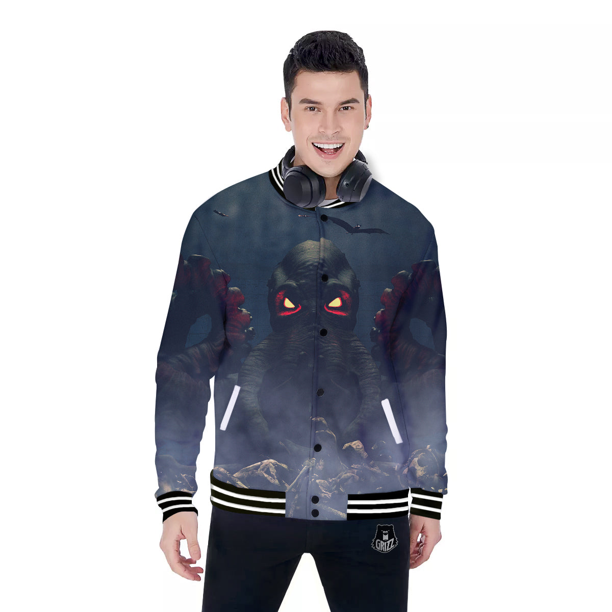Dark Cthulhu Octopus And Bones Print Baseball Jacket-grizzshop