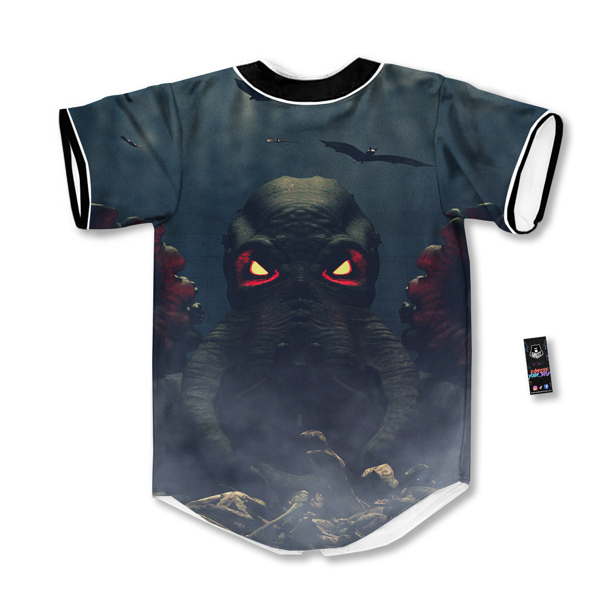 Dark Cthulhu Octopus And Bones Print Baseball Jersey-grizzshop