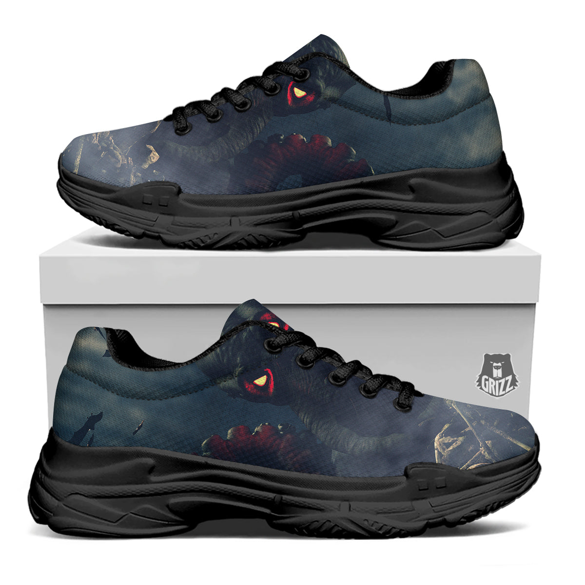 Dark Cthulhu Octopus And Bones Print Black Chunky Shoes-grizzshop
