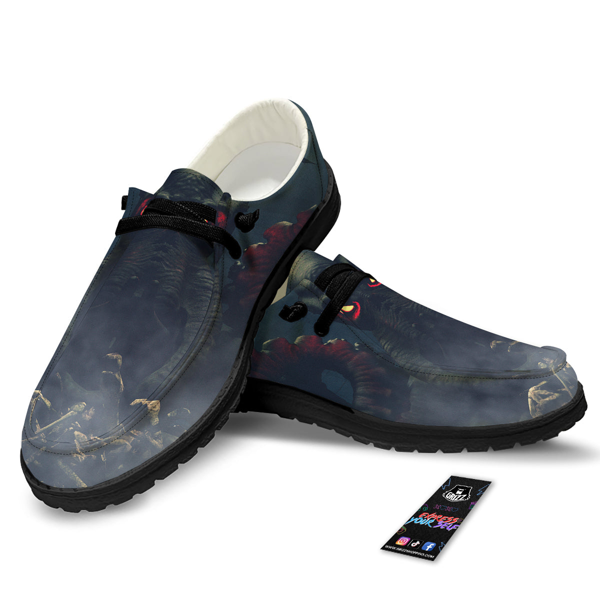 Dark Cthulhu Octopus And Bones Print Black Loafers-grizzshop