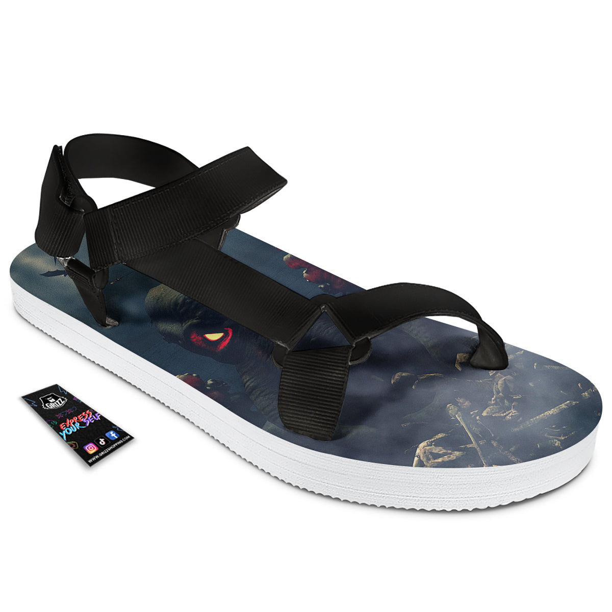Dark Cthulhu Octopus And Bones Print Black Open Toe Sandals-grizzshop