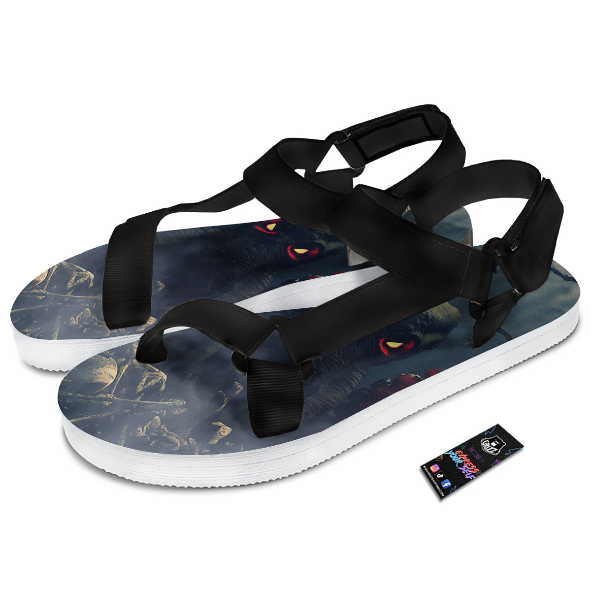 Dark Cthulhu Octopus And Bones Print Black Open Toe Sandals-grizzshop