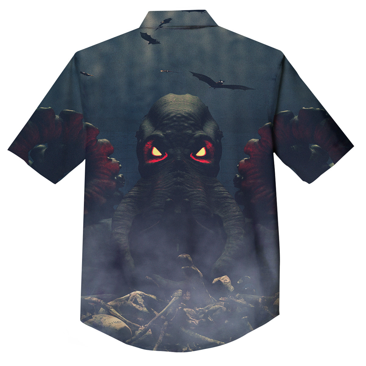 Dark Cthulhu Octopus And Bones Print Button Up Shirt-grizzshop