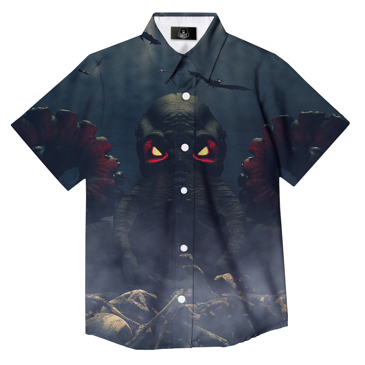Dark Cthulhu Octopus And Bones Print Button Up Shirt-grizzshop