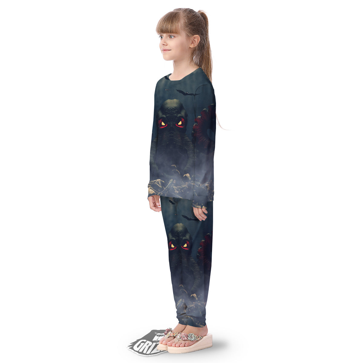 Dark Cthulhu Octopus And Bones Print Kid's Pajamas-grizzshop