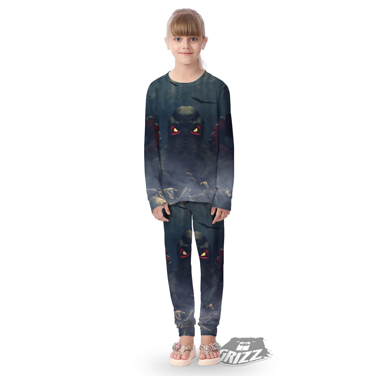 Dark Cthulhu Octopus And Bones Print Kid's Pajamas-grizzshop