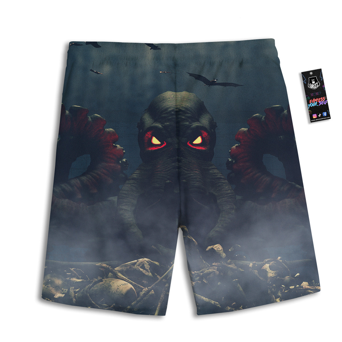 Dark Cthulhu Octopus And Bones Print Men's Athletic Shorts
