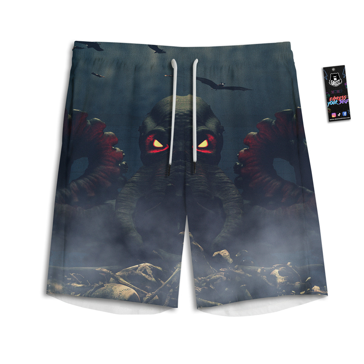 Dark Cthulhu Octopus And Bones Print Men's Athletic Shorts