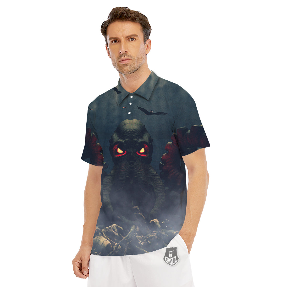Dark Cthulhu Octopus And Bones Print Men's Golf Shirts-grizzshop