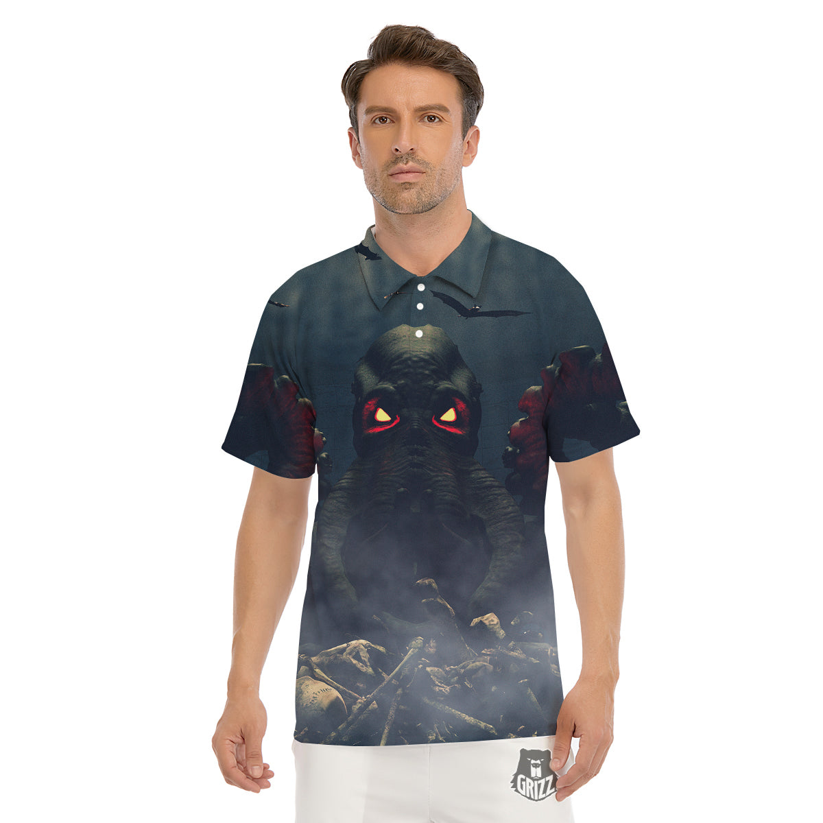Dark Cthulhu Octopus And Bones Print Men's Golf Shirts-grizzshop