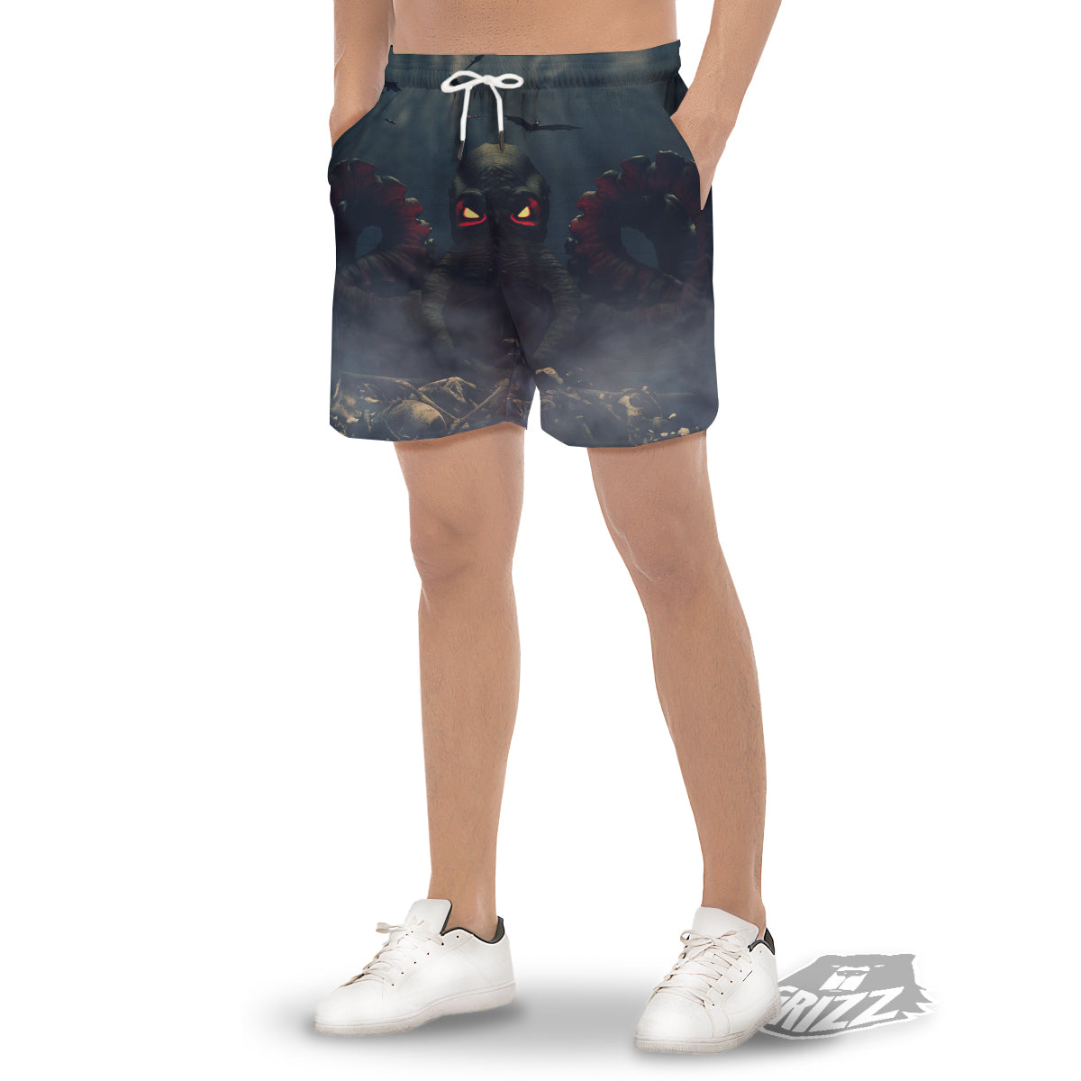 Dark Cthulhu Octopus And Bones Print Men's Gym Shorts-grizzshop