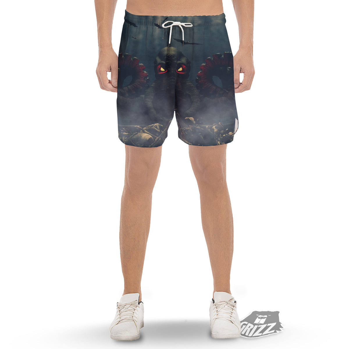 Dark Cthulhu Octopus And Bones Print Men's Gym Shorts-grizzshop