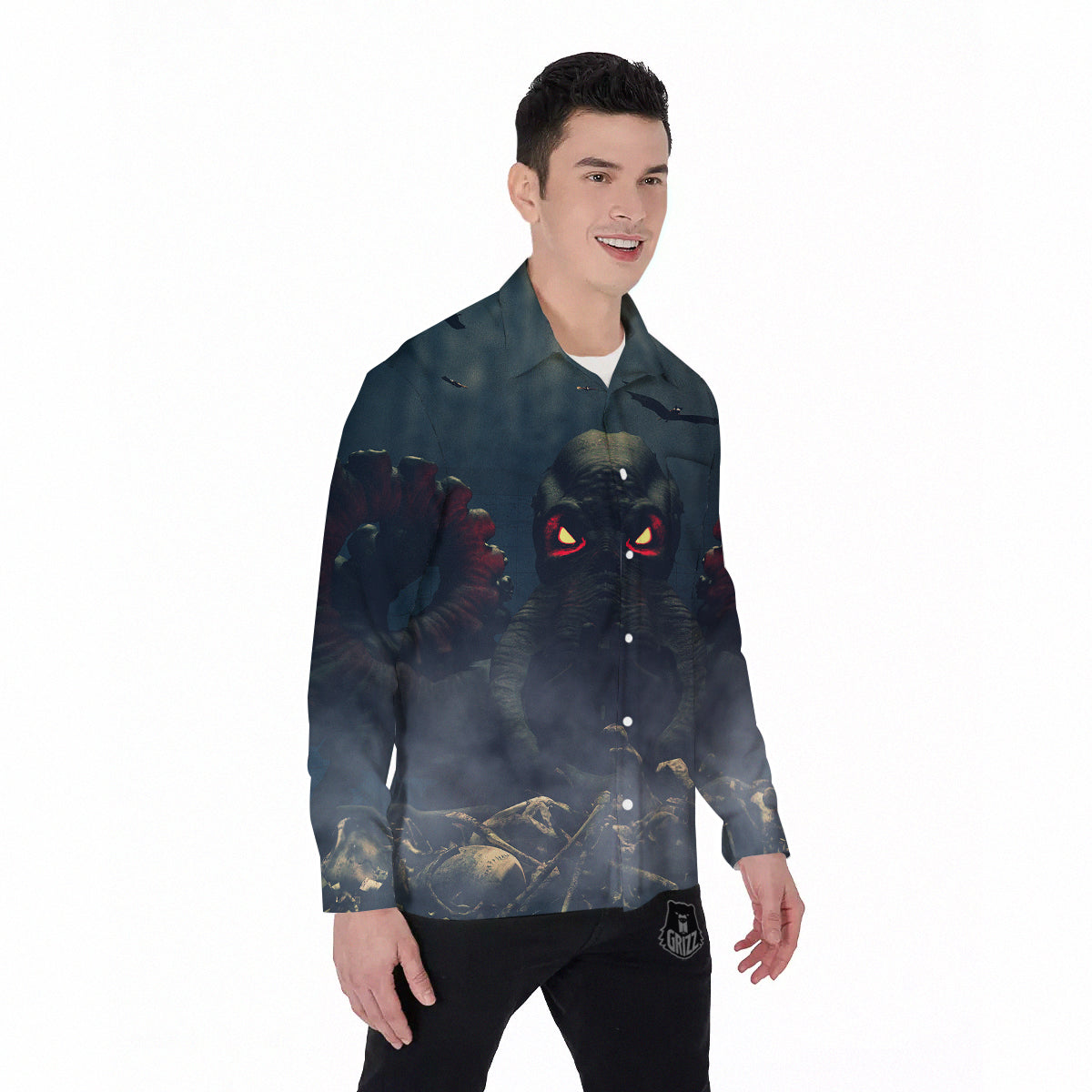 Dark Cthulhu Octopus And Bones Print Men's Long Sleeve Shirts-grizzshop
