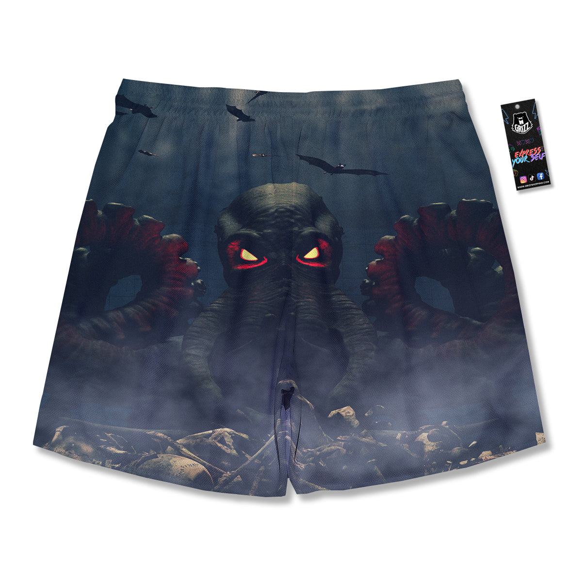 Dark Cthulhu Octopus And Bones Print Men's Running Shorts-grizzshop