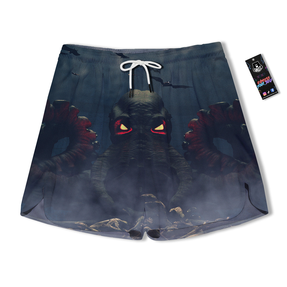 Dark Cthulhu Octopus And Bones Print Men's Running Shorts-grizzshop