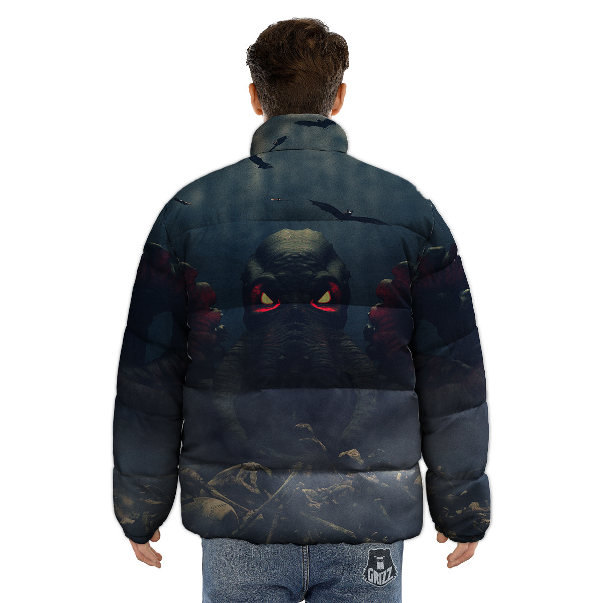 Dark Cthulhu Octopus And Bones Print Puffer Jacket-grizzshop