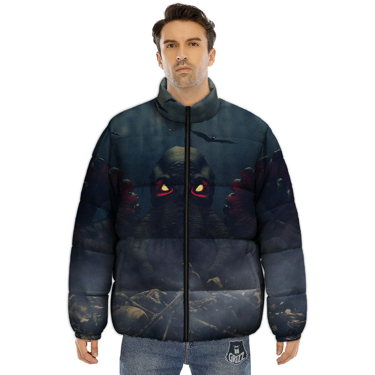 Dark Cthulhu Octopus And Bones Print Puffer Jacket-grizzshop
