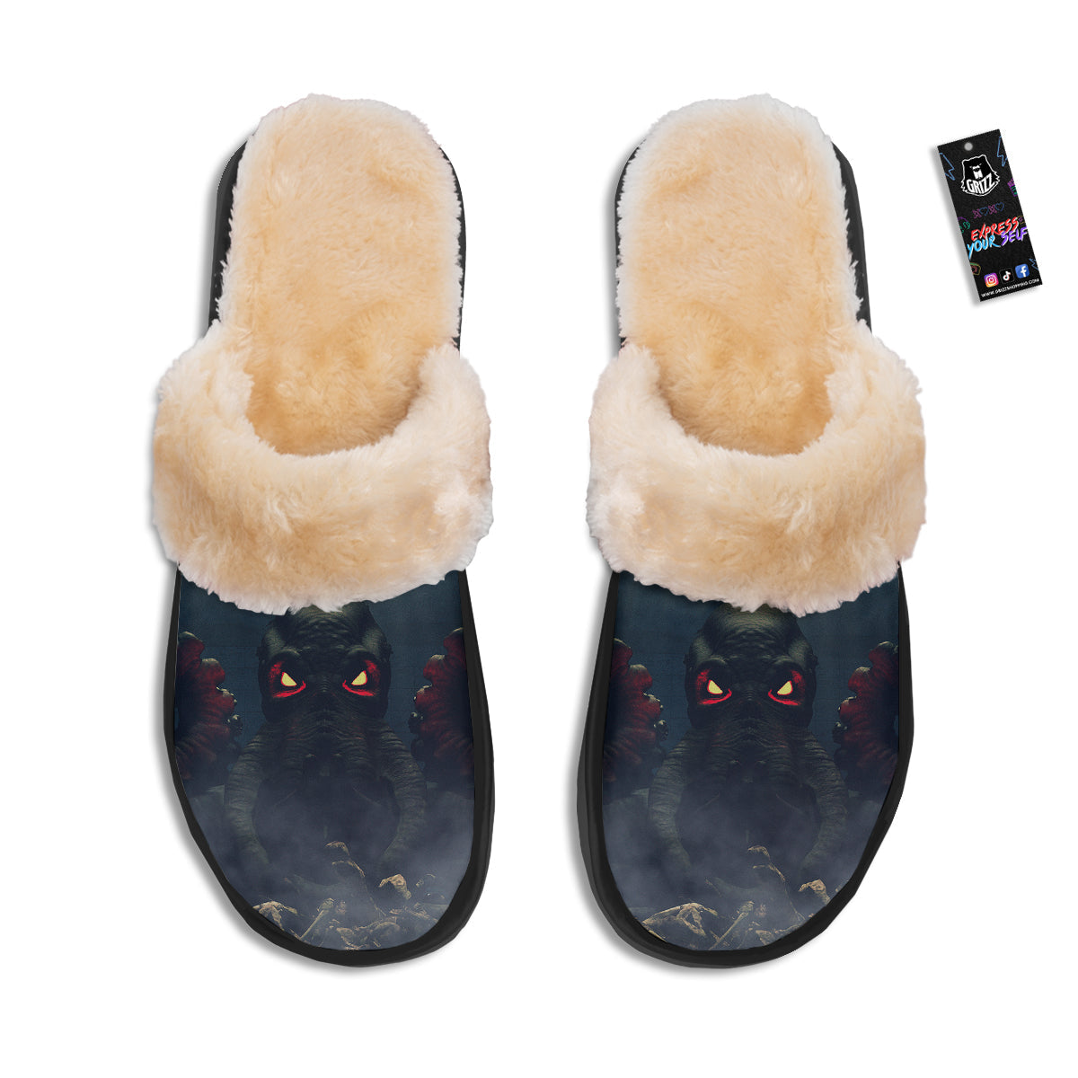 Dark Cthulhu Octopus And Bones Print Slippers-grizzshop