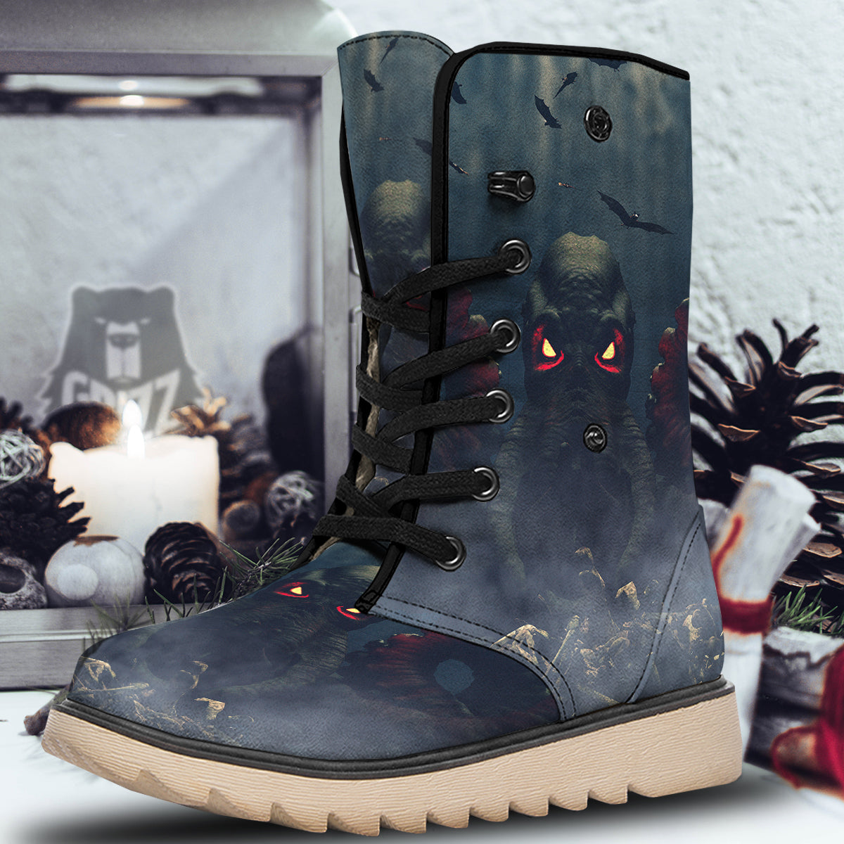 Dark Cthulhu Octopus And Bones Print Snow Boots-grizzshop