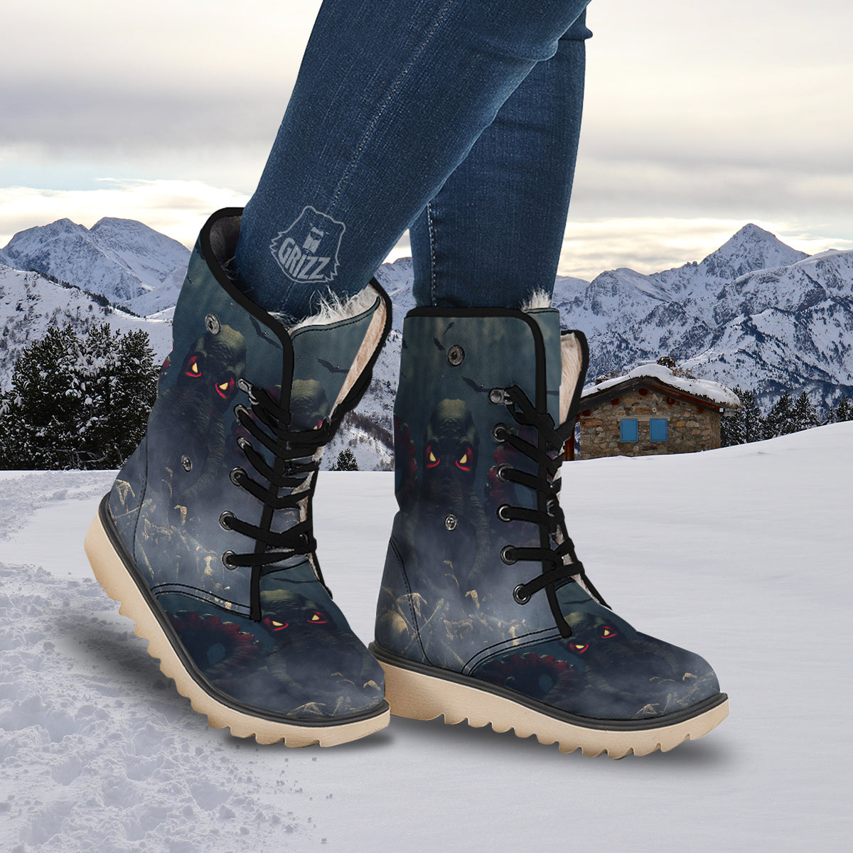 Dark Cthulhu Octopus And Bones Print Snow Boots-grizzshop