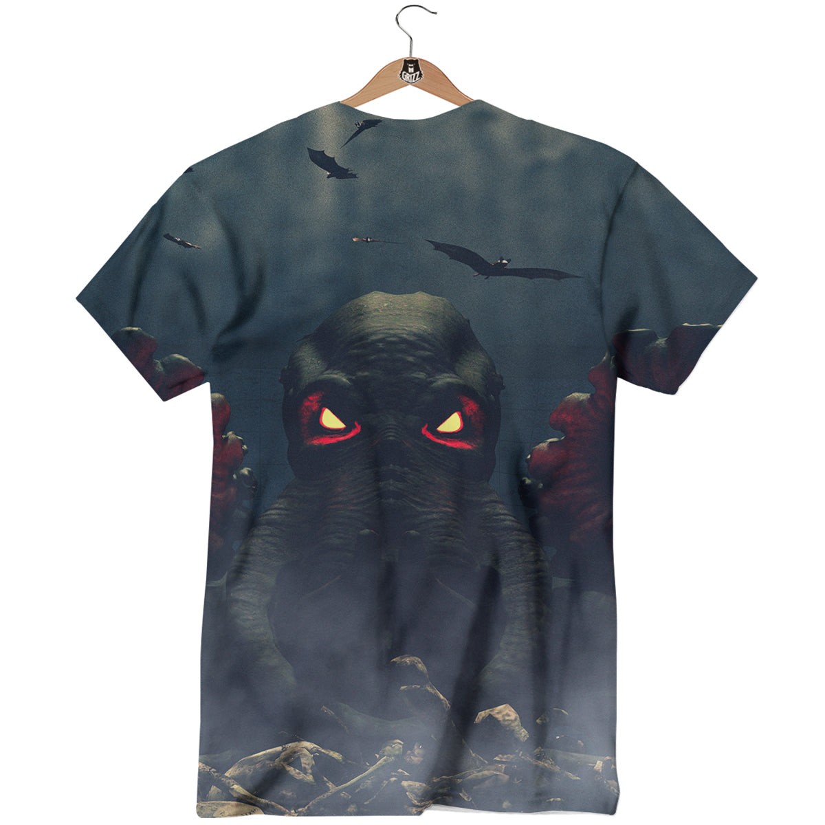 Dark Cthulhu Octopus And Bones Print T-Shirt-grizzshop
