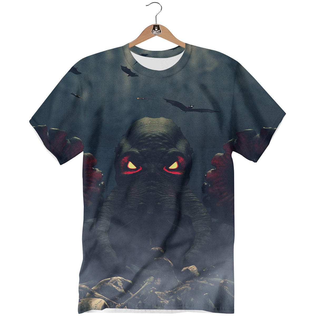 Dark Cthulhu Octopus And Bones Print T-Shirt-grizzshop