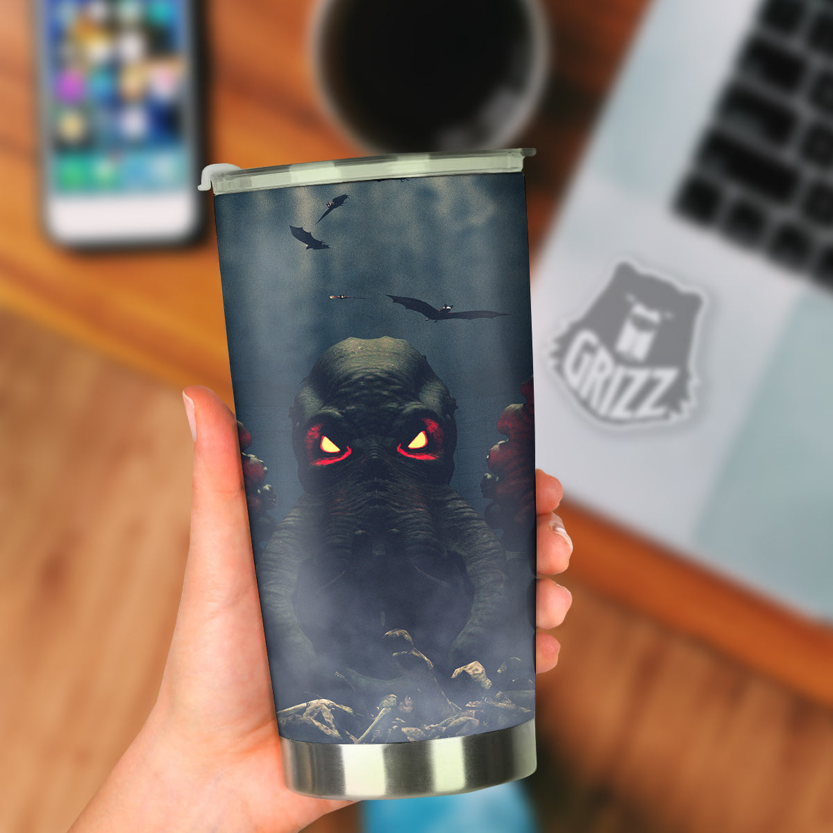 Dark Cthulhu Octopus And Bones Print Tumbler-grizzshop