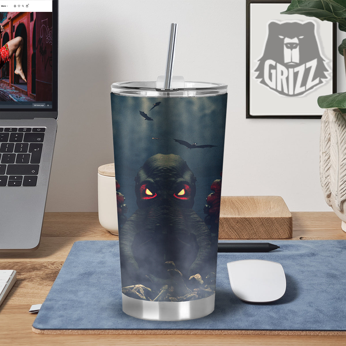 Dark Cthulhu Octopus And Bones Print Tumbler-grizzshop