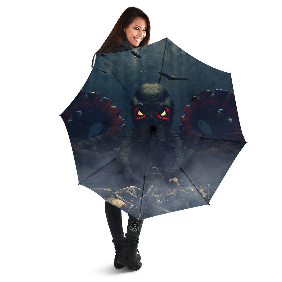 Dark Cthulhu Octopus And Bones Print Umbrella-grizzshop