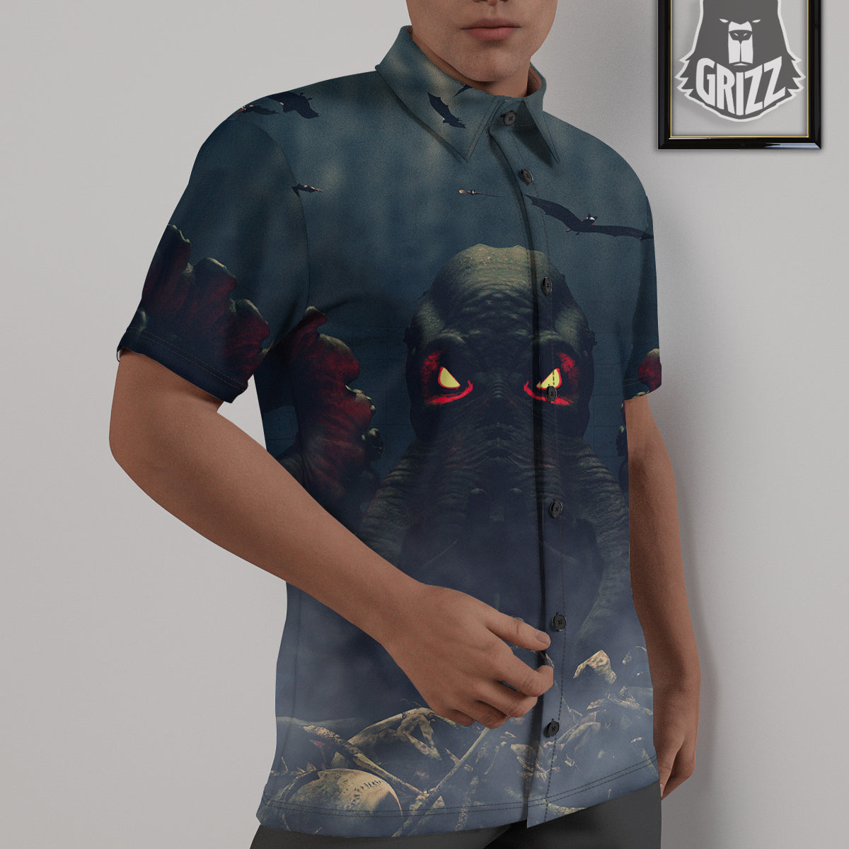 Dark Cthulhu Octopus And Bones Print Untucked Shirts-grizzshop