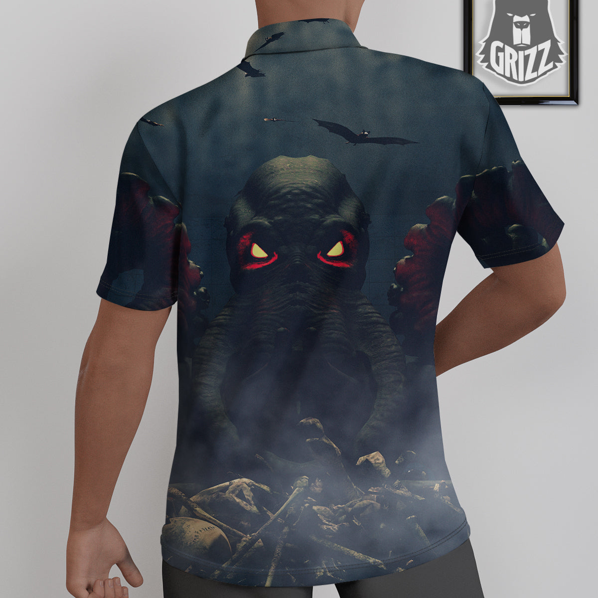 Dark Cthulhu Octopus And Bones Print Untucked Shirts-grizzshop