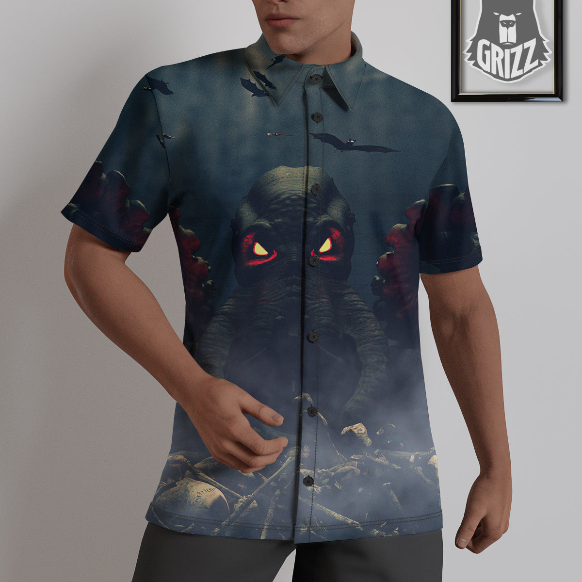 Dark Cthulhu Octopus And Bones Print Untucked Shirts-grizzshop