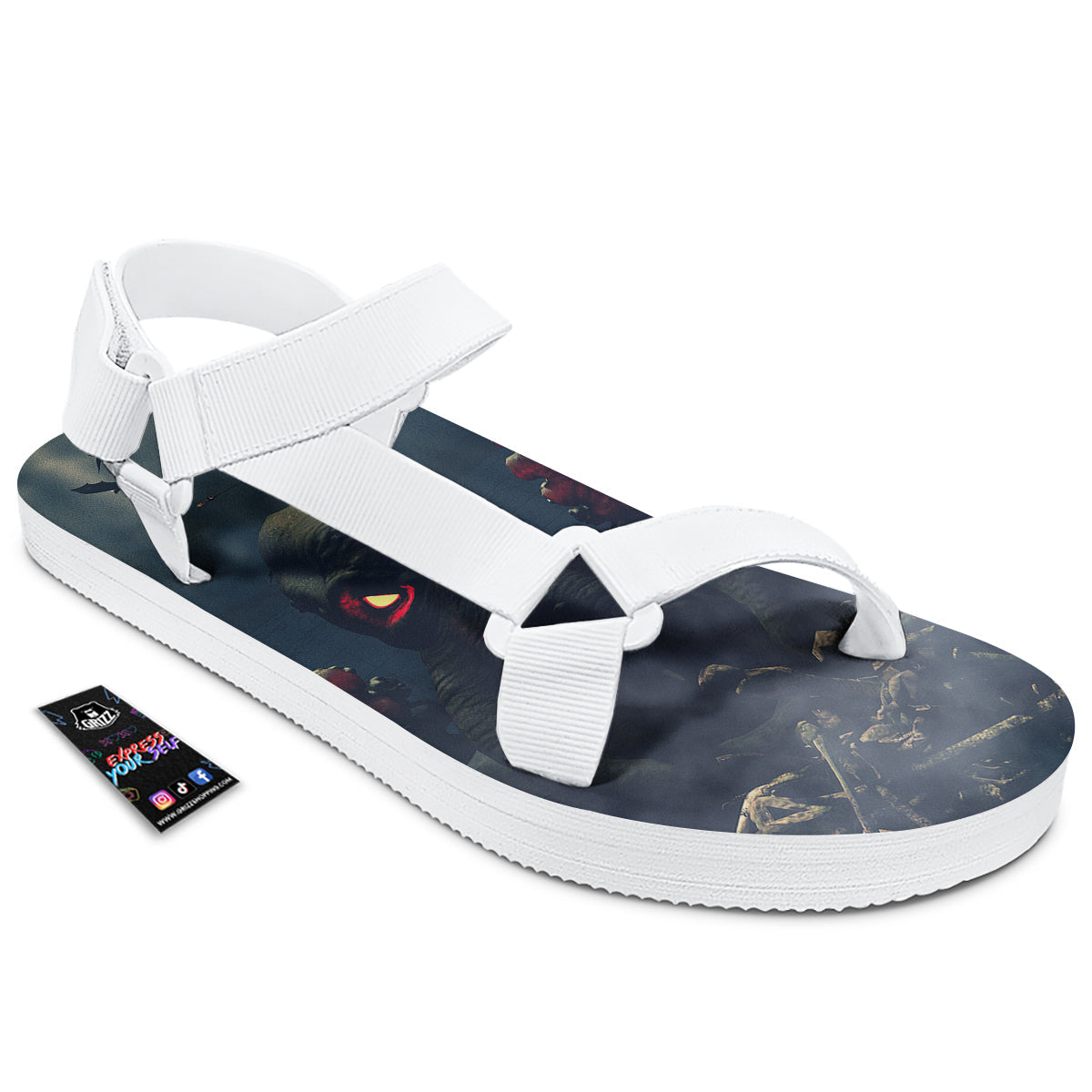 Dark Cthulhu Octopus And Bones Print White Open Toe Sandals-grizzshop