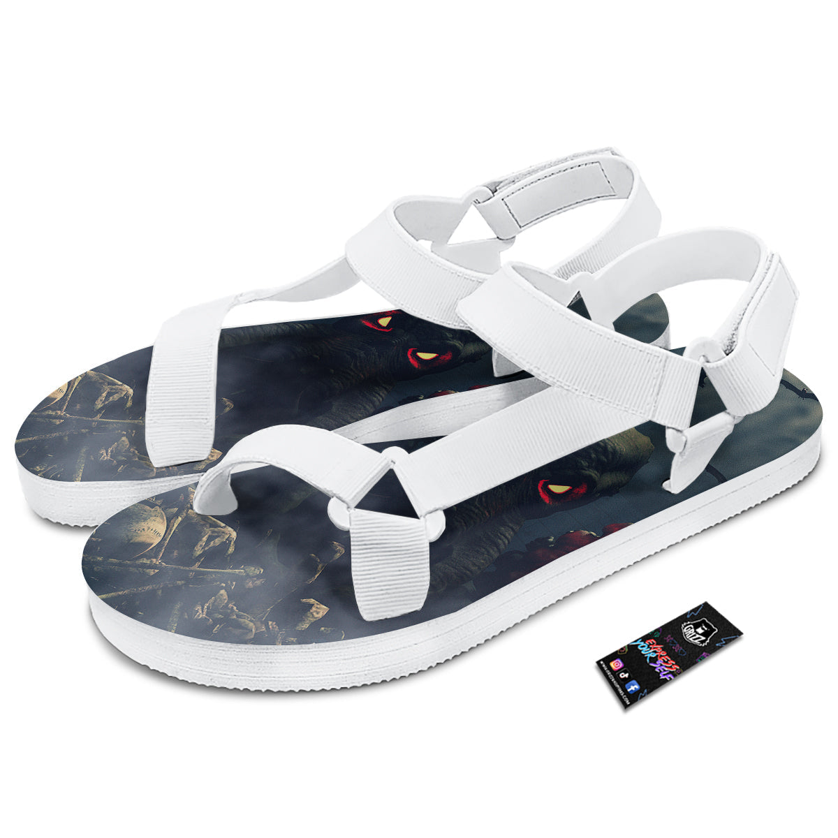 Dark Cthulhu Octopus And Bones Print White Open Toe Sandals-grizzshop