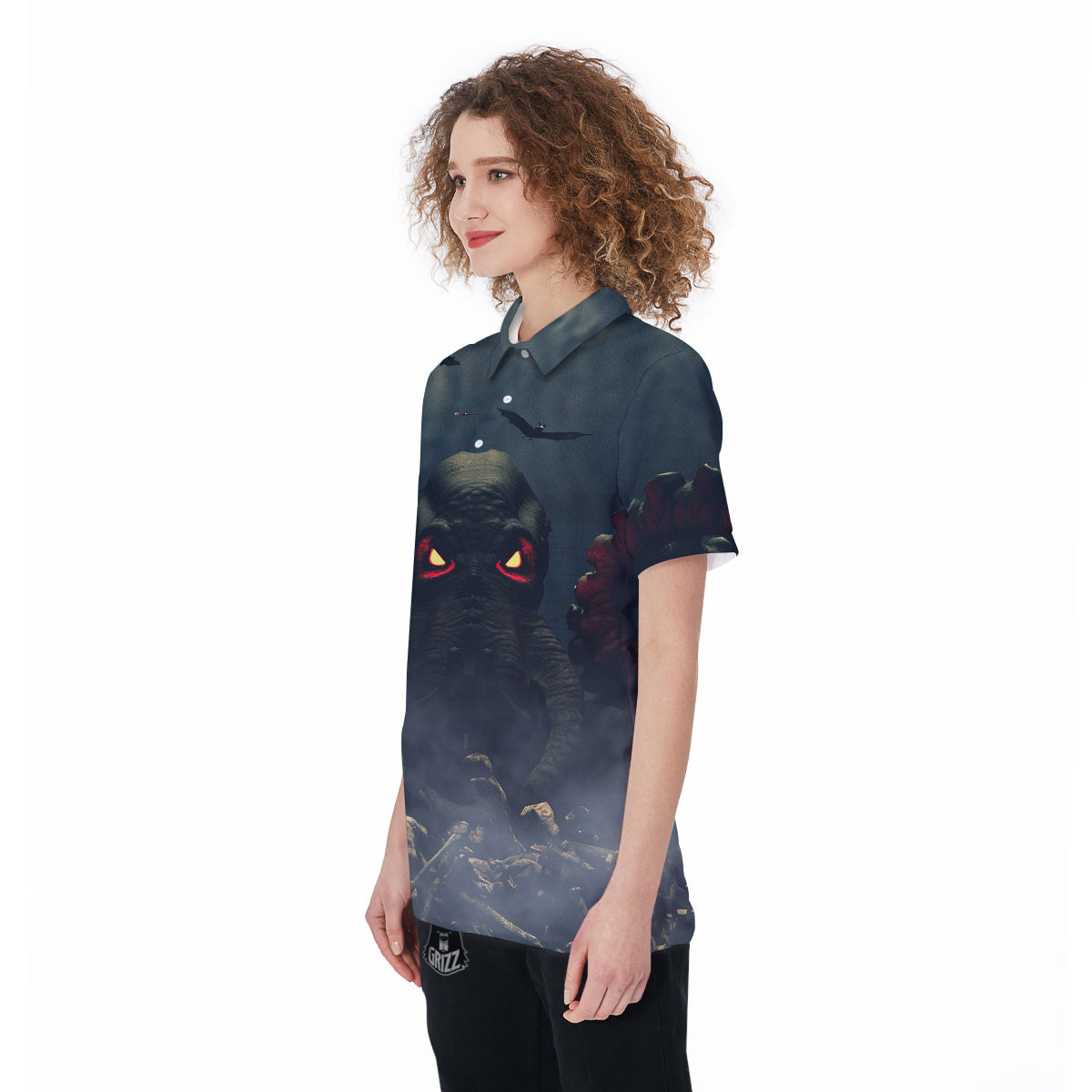 Dark Cthulhu Octopus And Bones Print Women's Golf Shirts-grizzshop