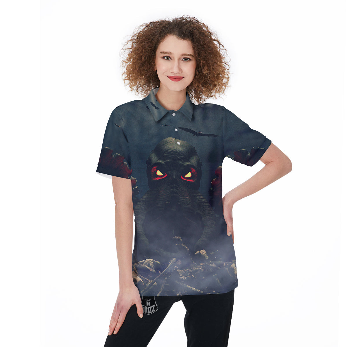Dark Cthulhu Octopus And Bones Print Women's Golf Shirts-grizzshop