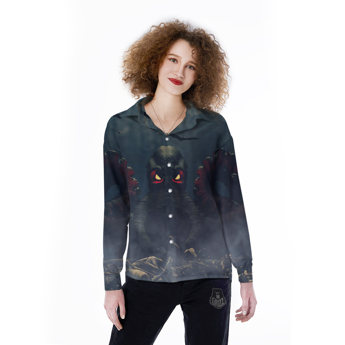 Dark Cthulhu Octopus And Bones Print Women's Long Sleeve Shirts-grizzshop
