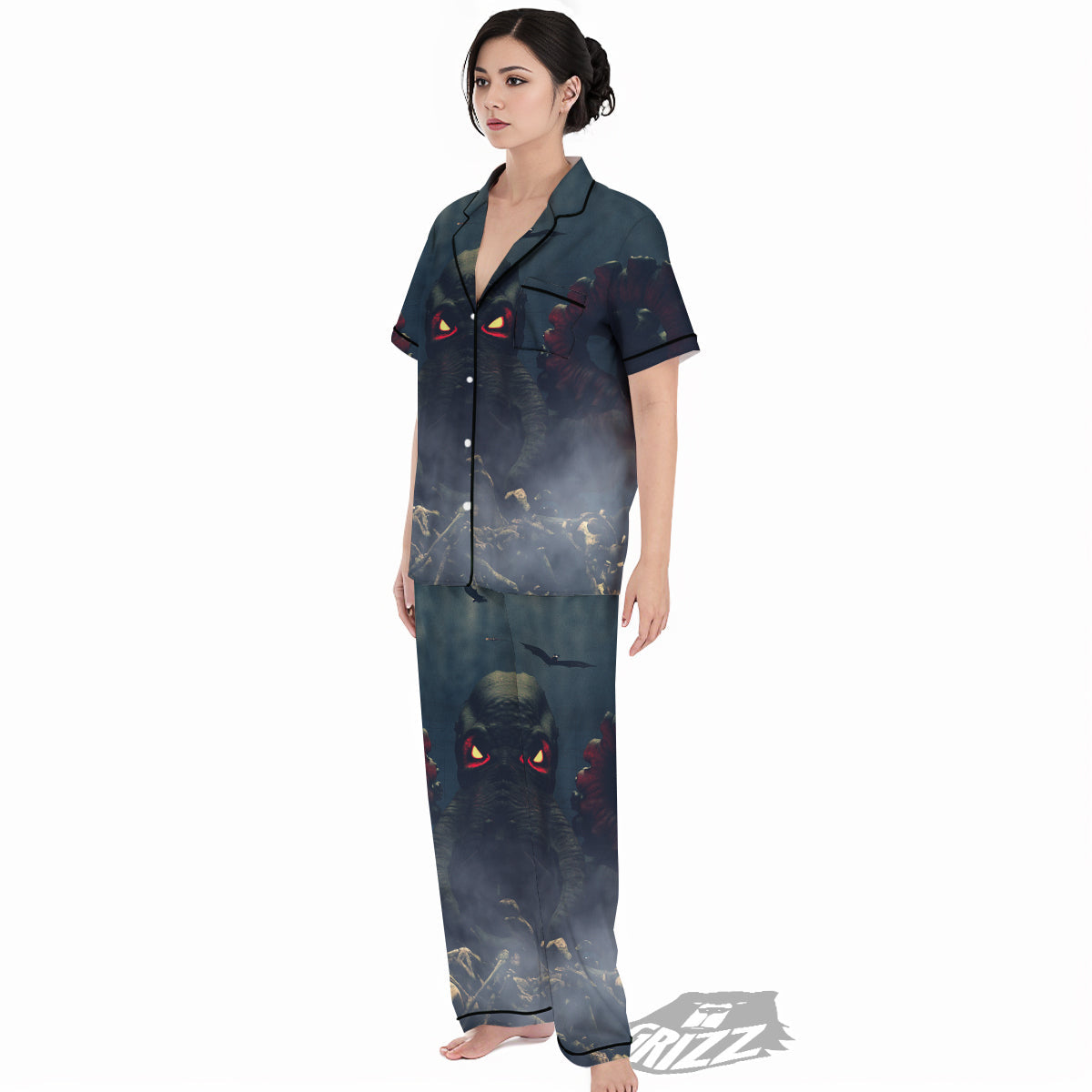 Dark Cthulhu Octopus And Bones Print Women's Pajamas Set-grizzshop