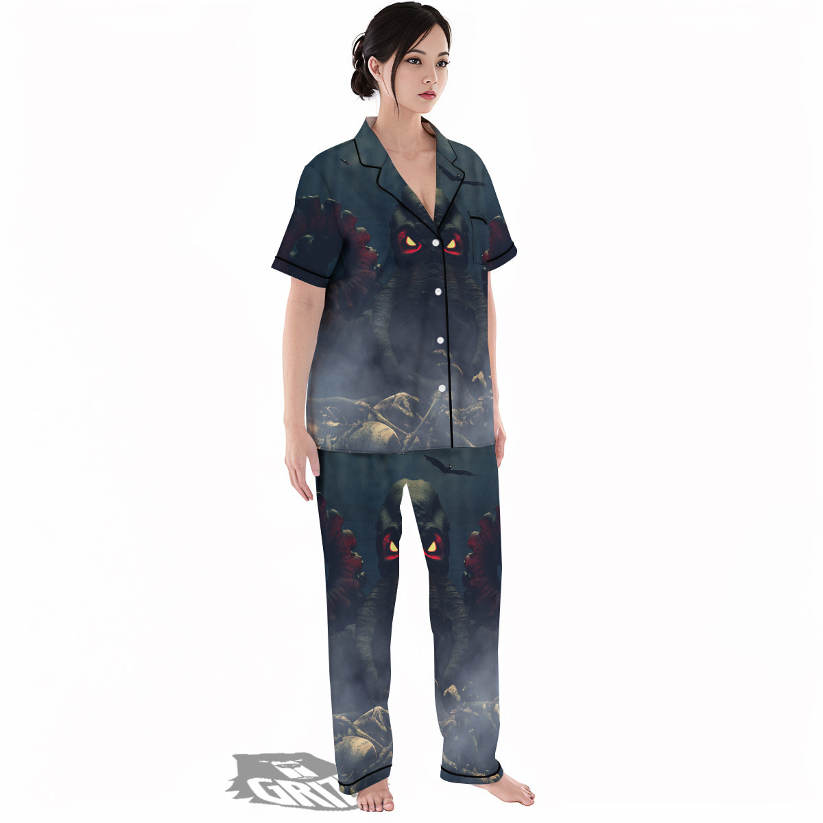 Dark Cthulhu Octopus And Bones Print Women's Pajamas Set-grizzshop