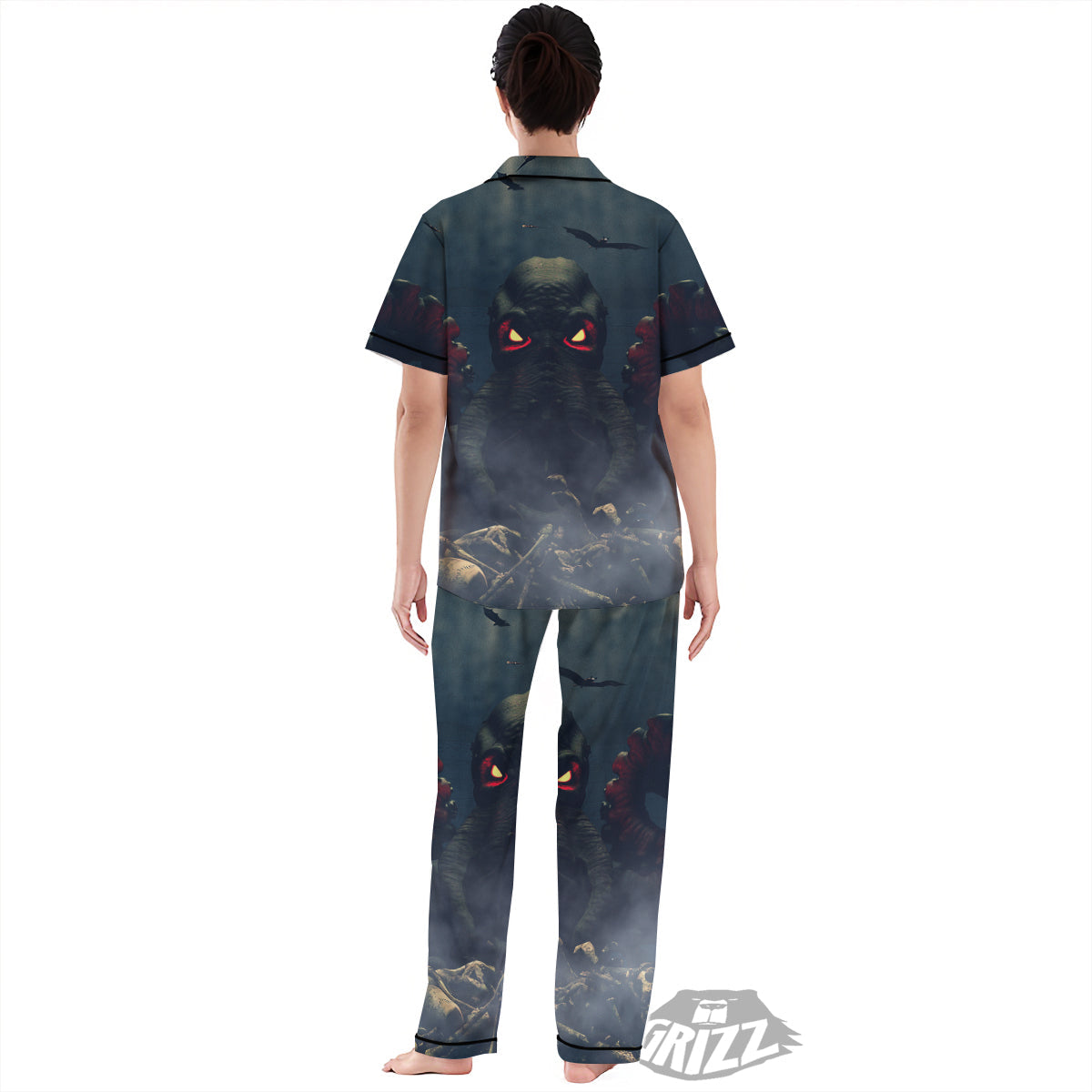 Dark Cthulhu Octopus And Bones Print Women's Pajamas Set-grizzshop