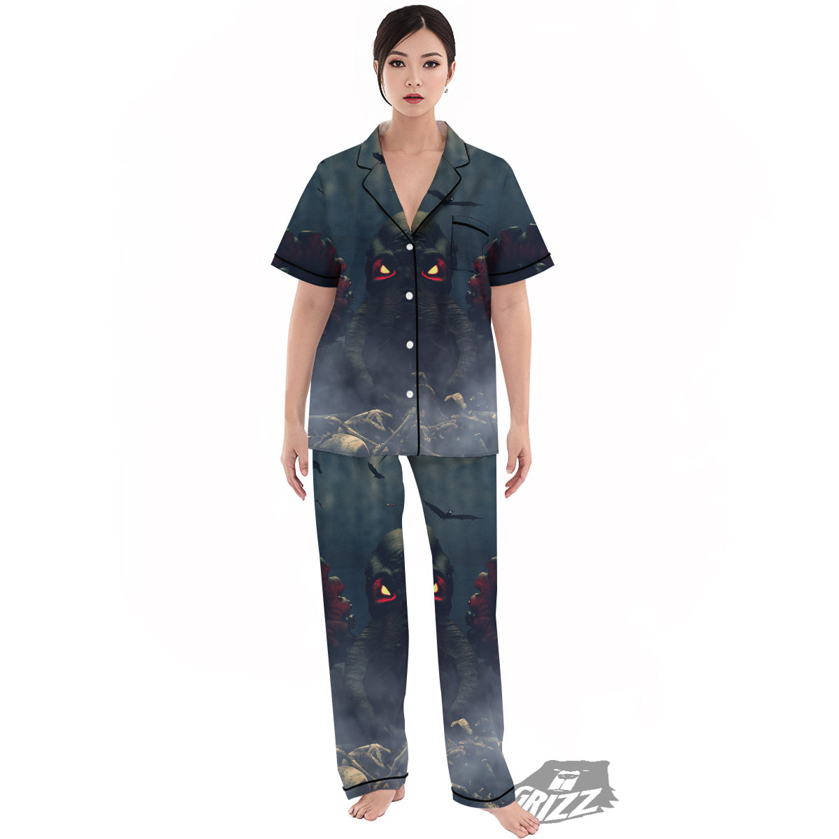 Dark Cthulhu Octopus And Bones Print Women's Pajamas Set-grizzshop
