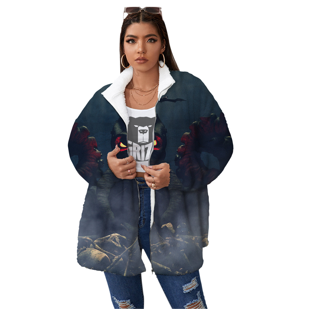 Dark Cthulhu Octopus And Bones Print Women's Sherpa Jacket-grizzshop